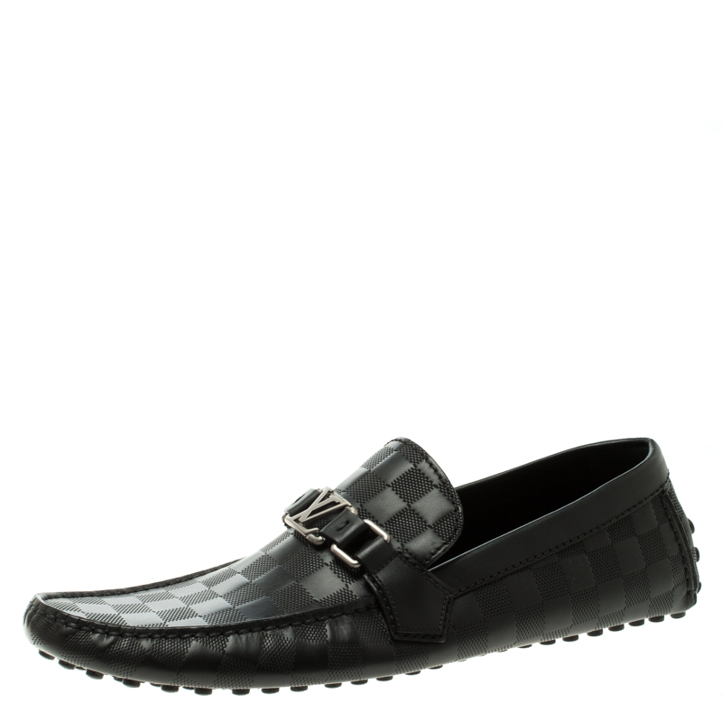 Pre Owned Louis Vuitton Black Damier Embossed Leather Hockenheim Loafers Size 44