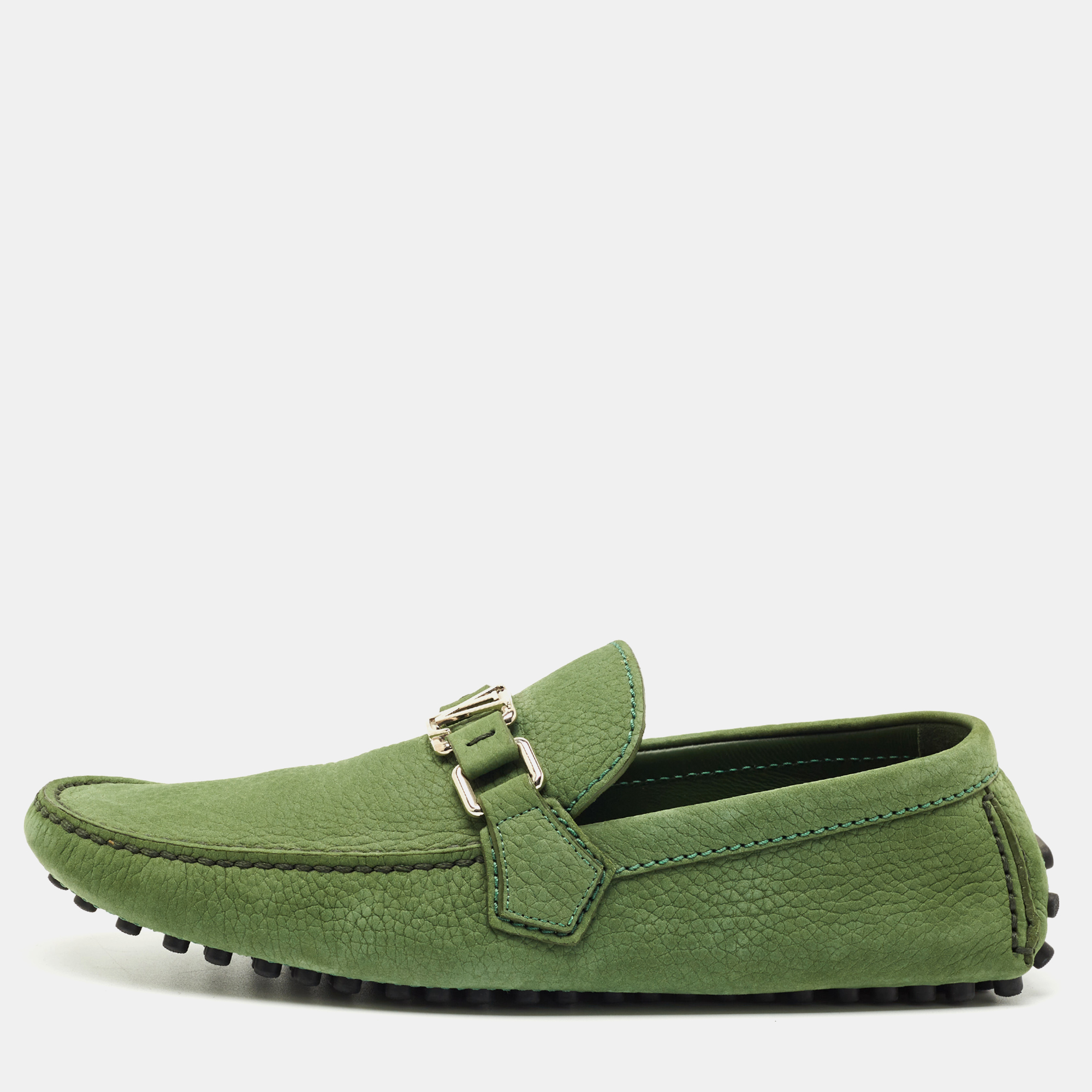 Pre-owned Louis Vuitton Green Nubuck Leather Hockenheim Loafers Size 40.5