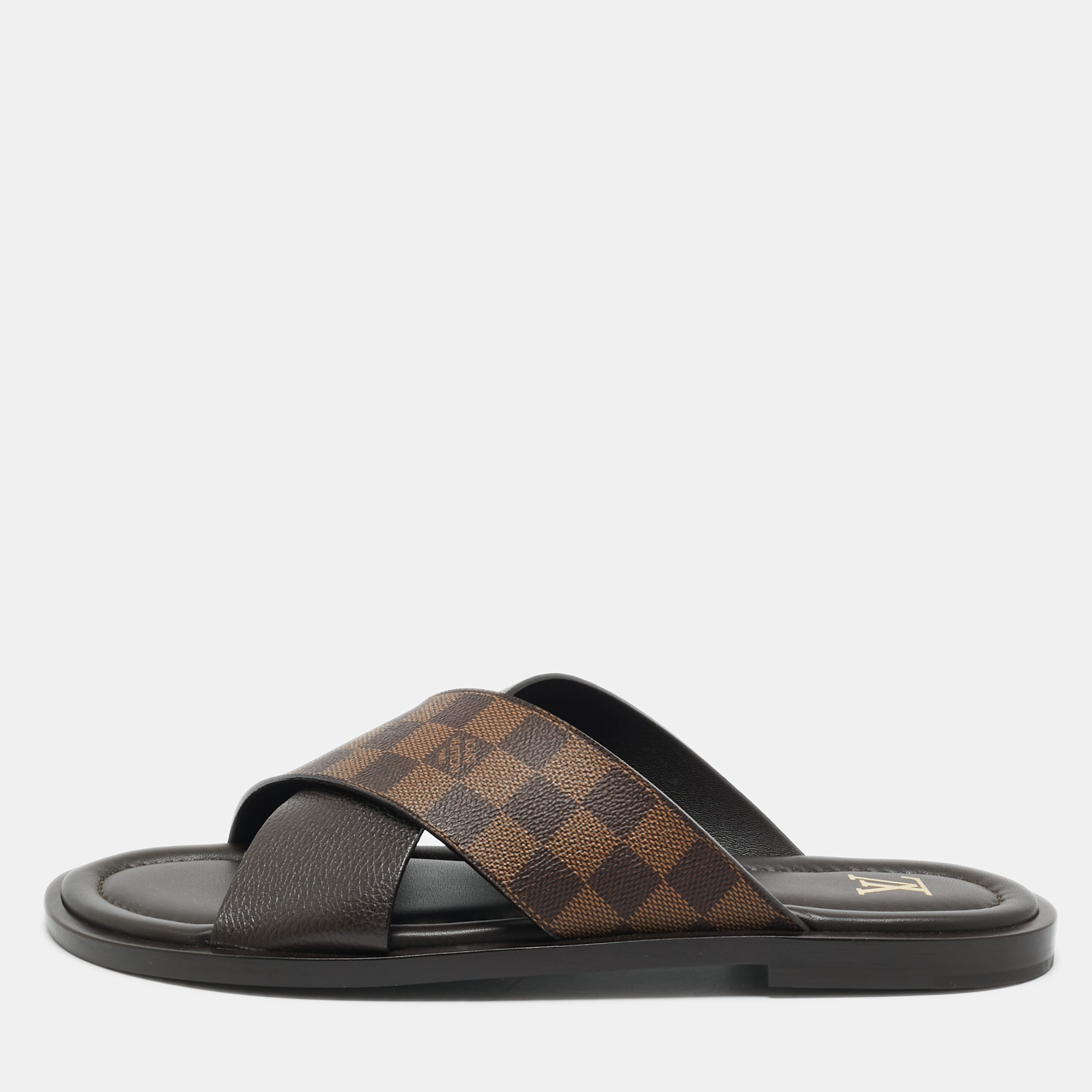 

Louis Vuitton Damier Ebene Canvas and Leather Cross Strap Flat Sandals Size 44, Brown