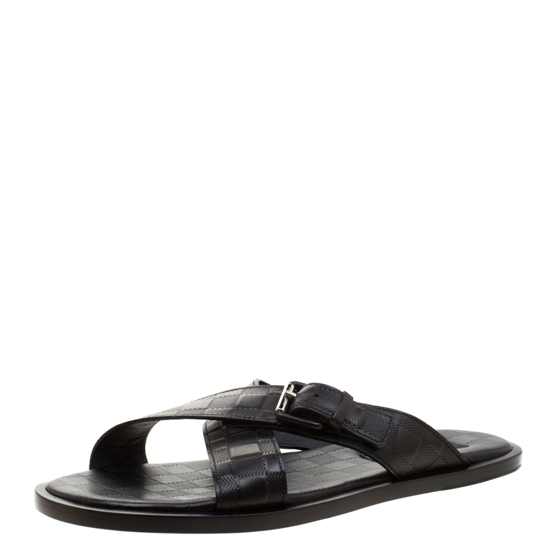 Louis Vuitton Black Damier Embosssed Leather Criss-Cross Flat Sandals Size 41.5