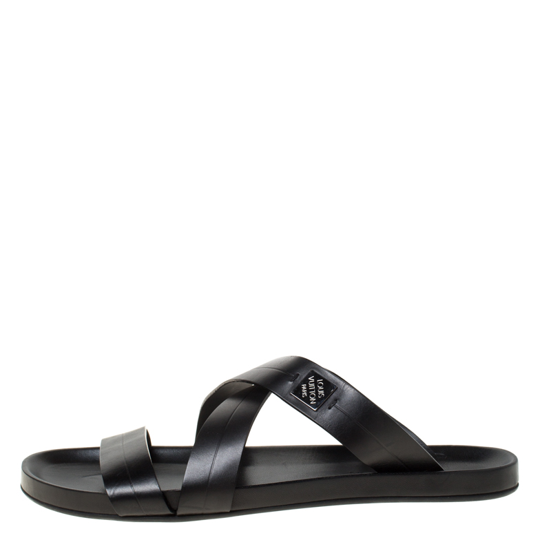 

Louis Vuitton Black Leather Pioneer Cross Strap Flat Slides Size