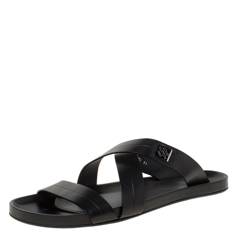 Pre Owned Louis Vuitton Black Leather Pioneer Cross Strap Flat Slides Size 45
