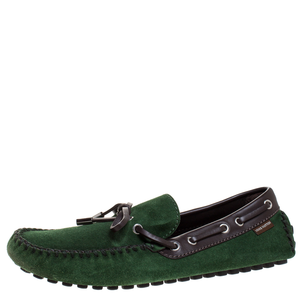 Pre Owned Louis Vuitton Green Suede Leather Bow Loafers Size 41