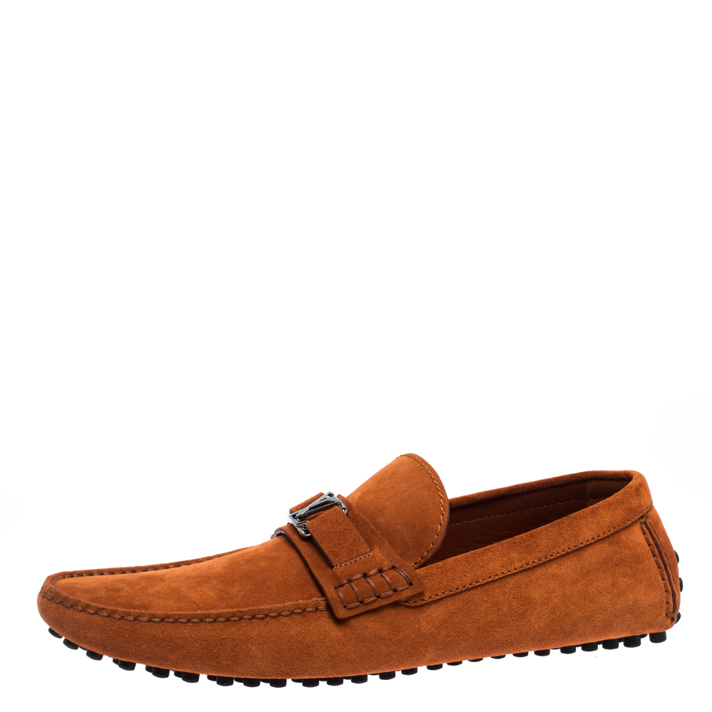 Pre Owned Louis Vuitton Orange Suede Hockenheim Loafers Size 43