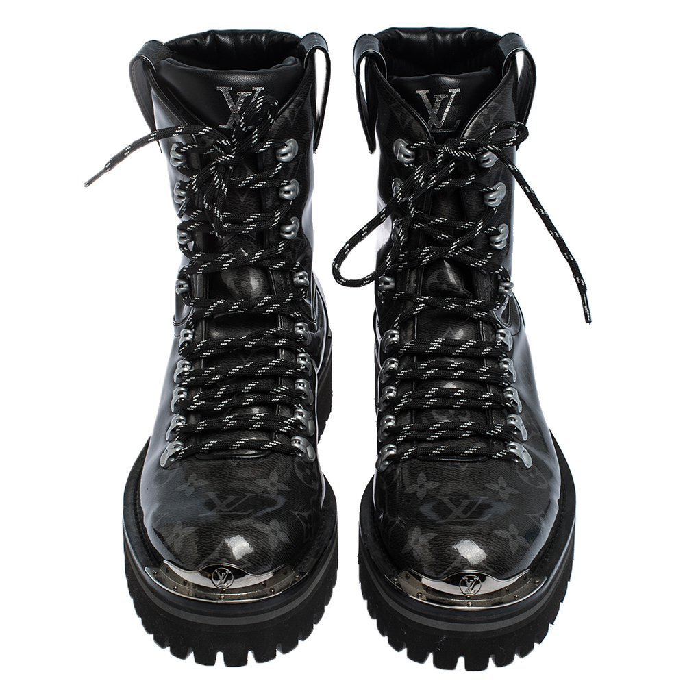 Louis Vuitton Grey/Black Monogram Patent Leather Lace Up Mid Calf Boots  Size 41 Louis Vuitton