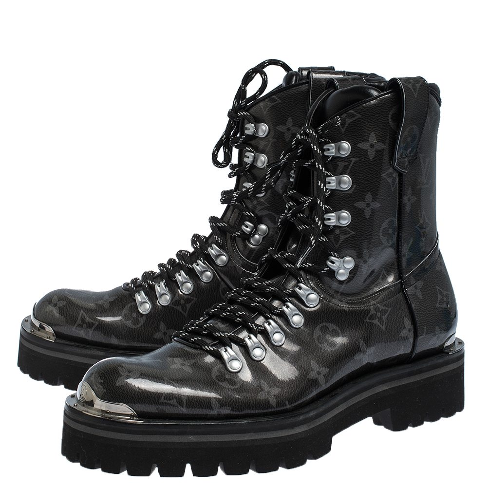 Louis Vuitton Grey/Black Monogram Patent Leather Lace Up Mid Calf Boots  Size 41 Louis Vuitton