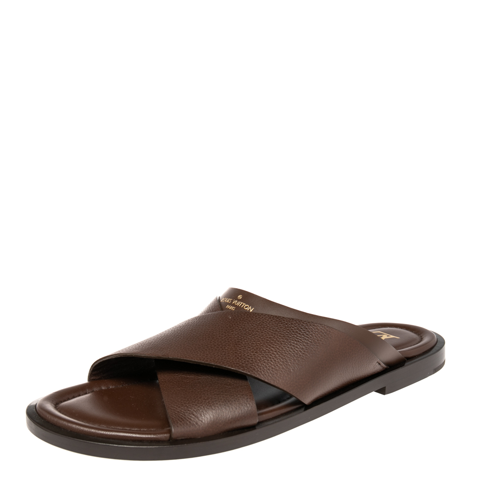 

Louis Vuitton Brown Leather Foch Cross Strap Flat Slides Size