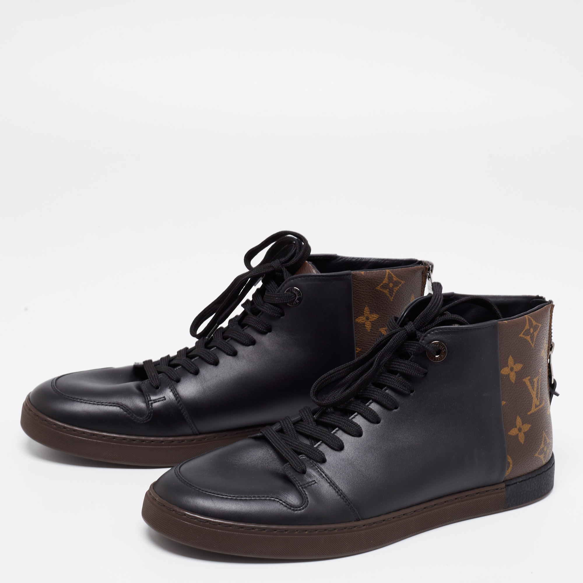 

Louis Vuitton Black/Brown Leather and Monogram Canvas Line Up High-Top Sneakers Size