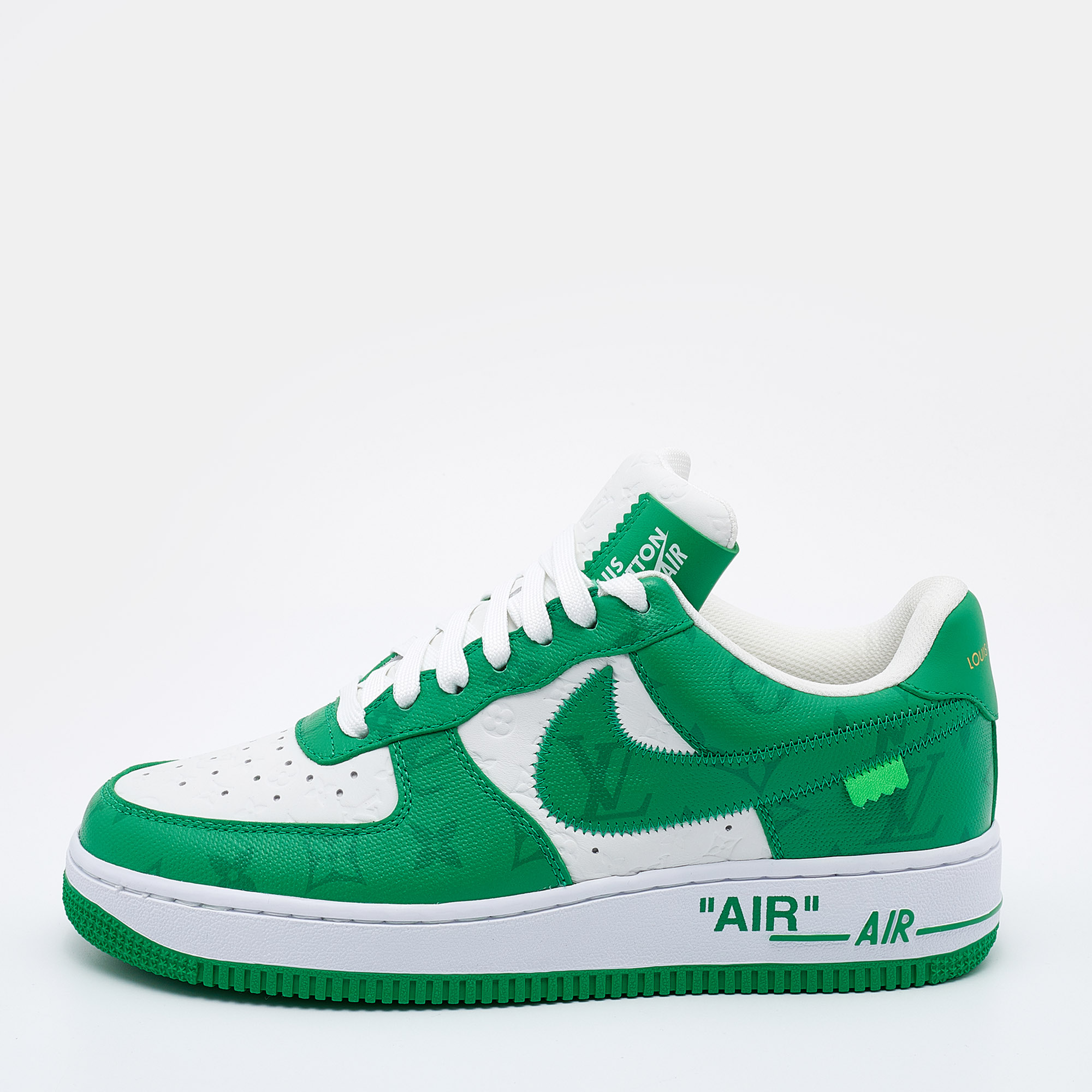

Louis Vuitton X Nike By Virgil Abloh Green/White Monogram Embossed Leather Nike Air Force 1 Low Top Sneakers Size 39
