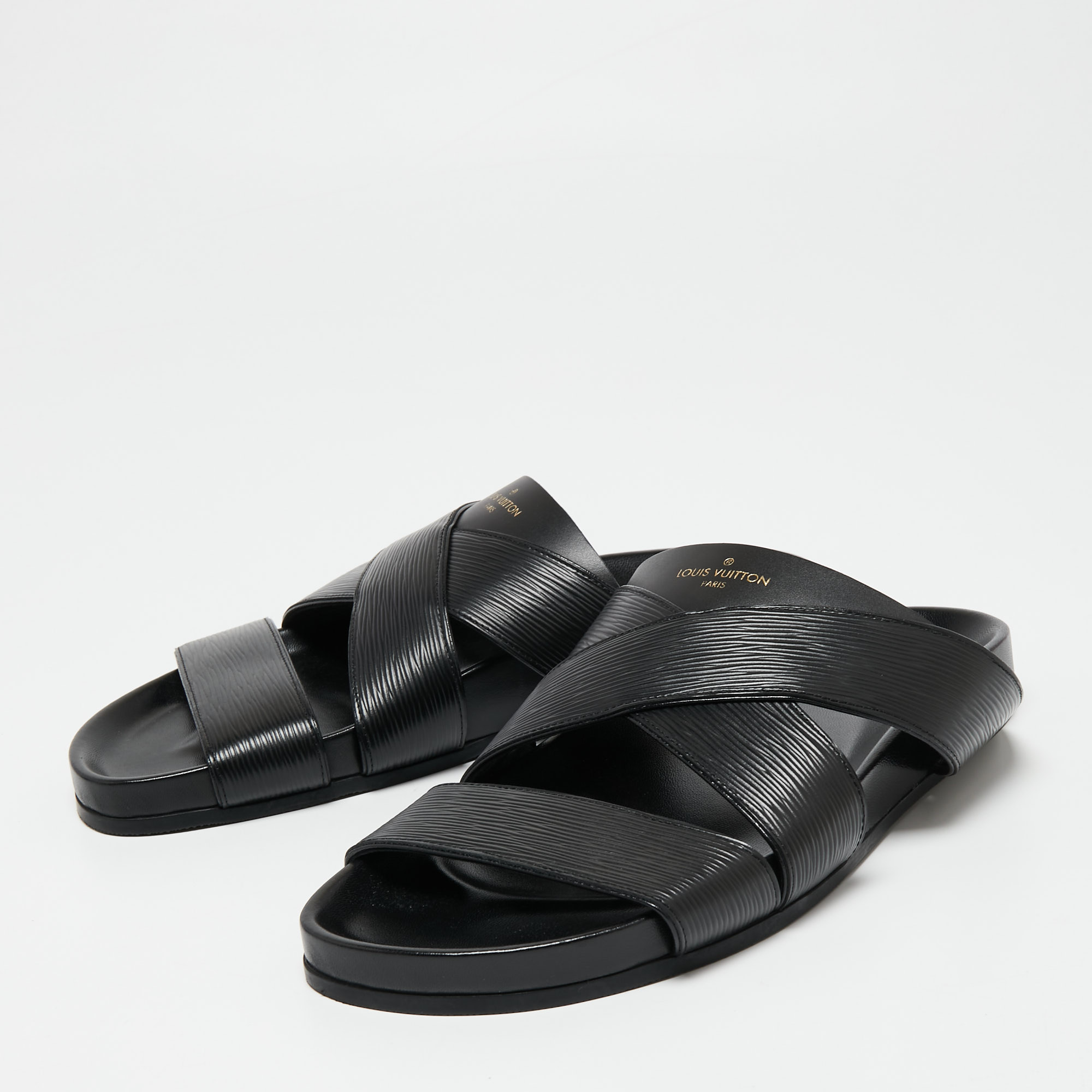 

Louis Vuitton Black Epi Leather Cross Strap Flat Slides Size