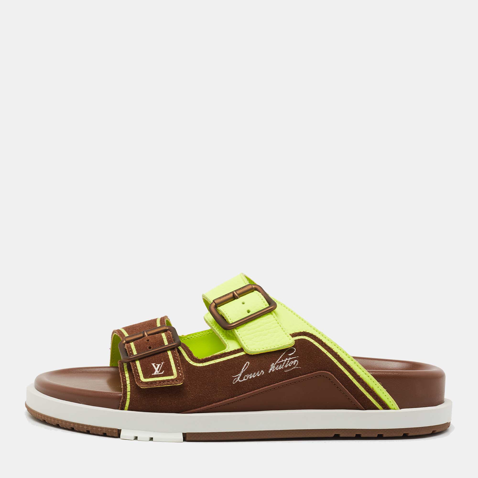 Pre Owned Louis Vuitton Green/Brown Leather and Suede Trainer Flat Slides Size 42