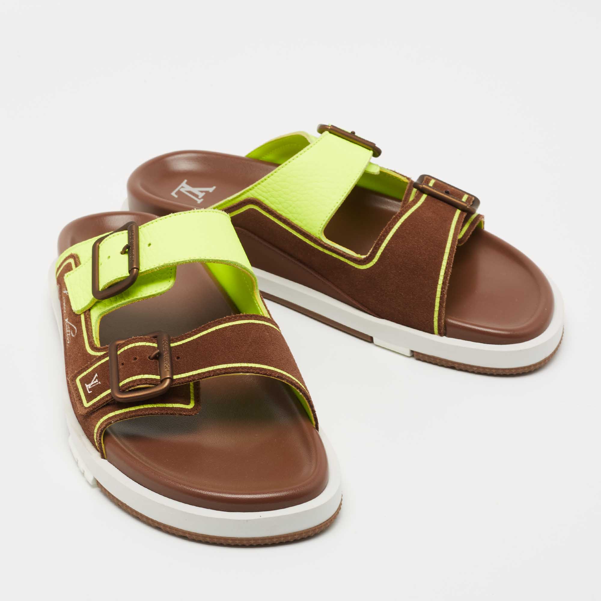 Louis Vuitton Green/Brown Leather and Suede Trainer Flat Slides Size 42 Louis  Vuitton