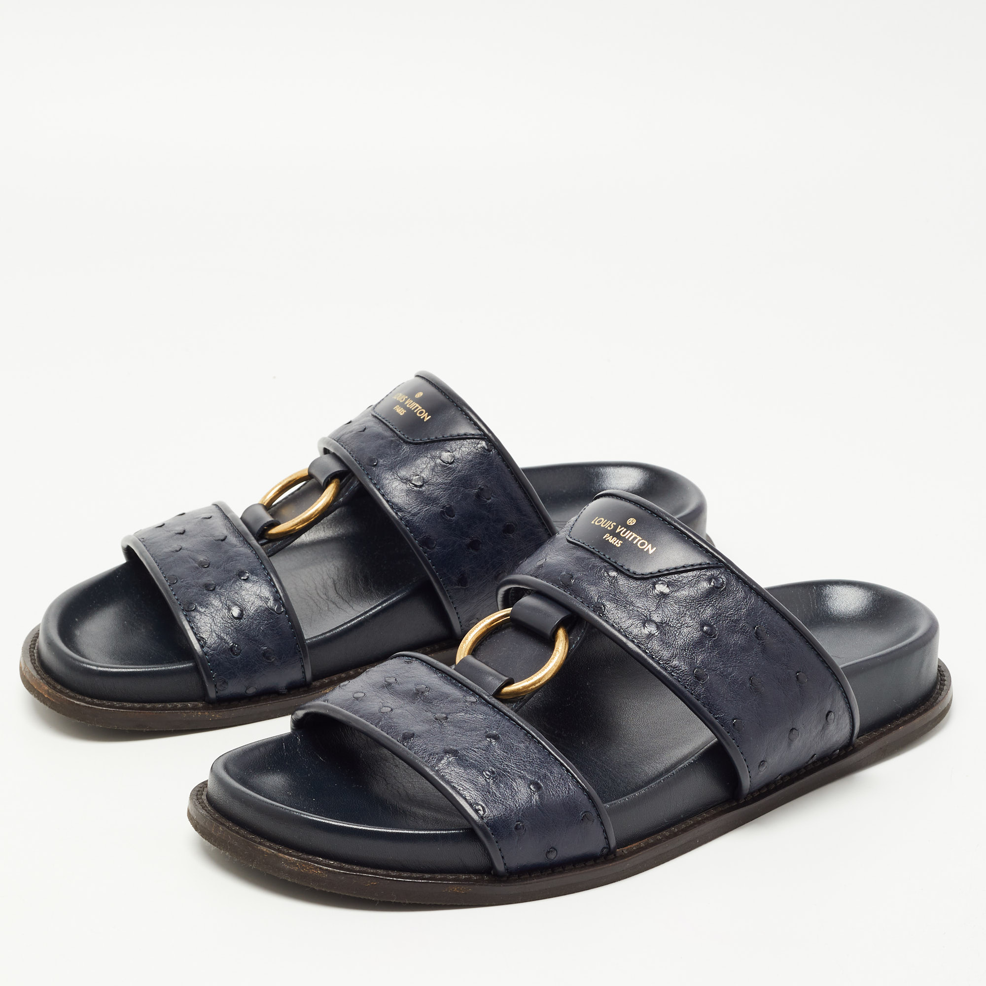 

Louis Vuitton Navy Blue Ostrich Leather Slides Size