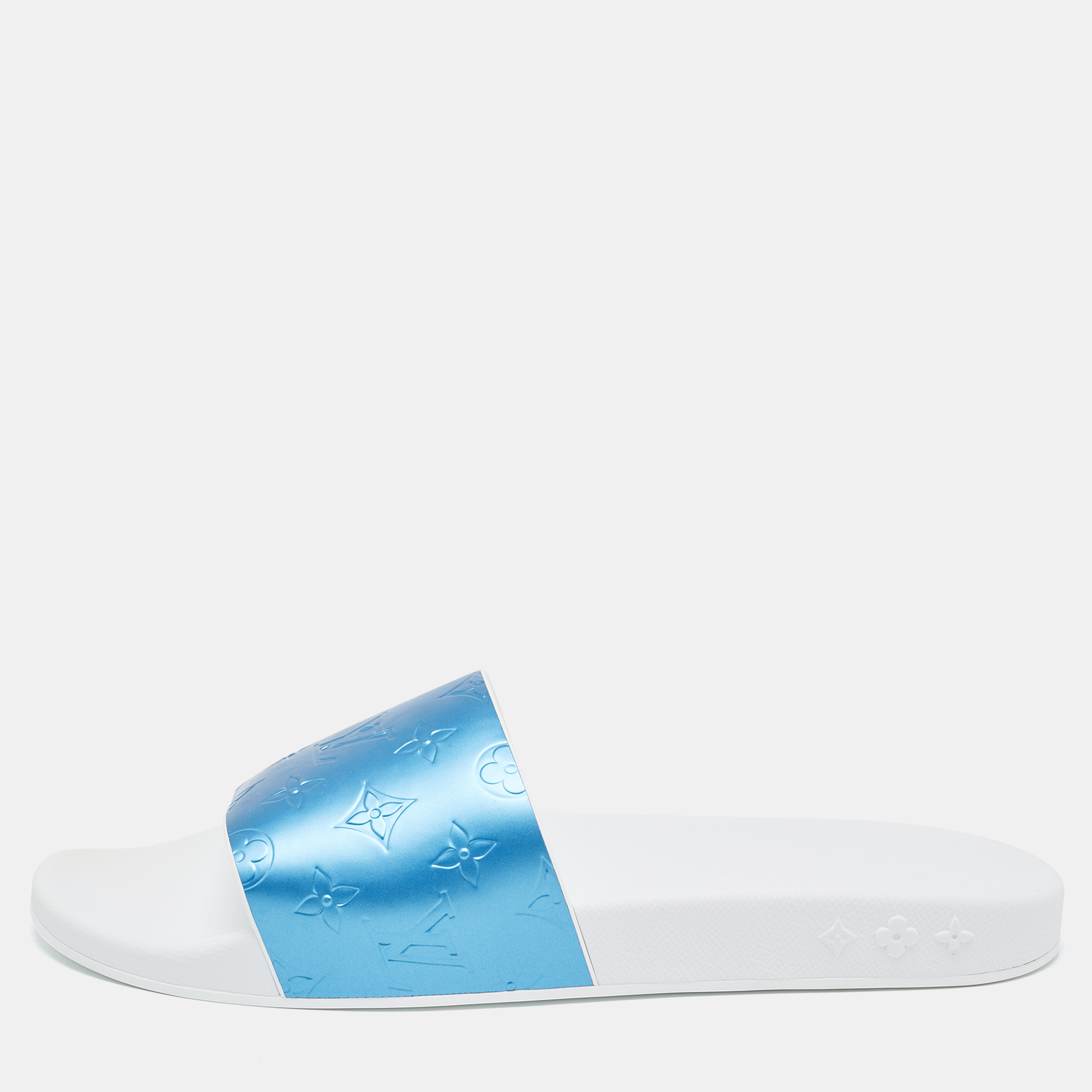 Pre-owned Louis Vuitton Blue/grey Rubber Flat Slides Size 45
