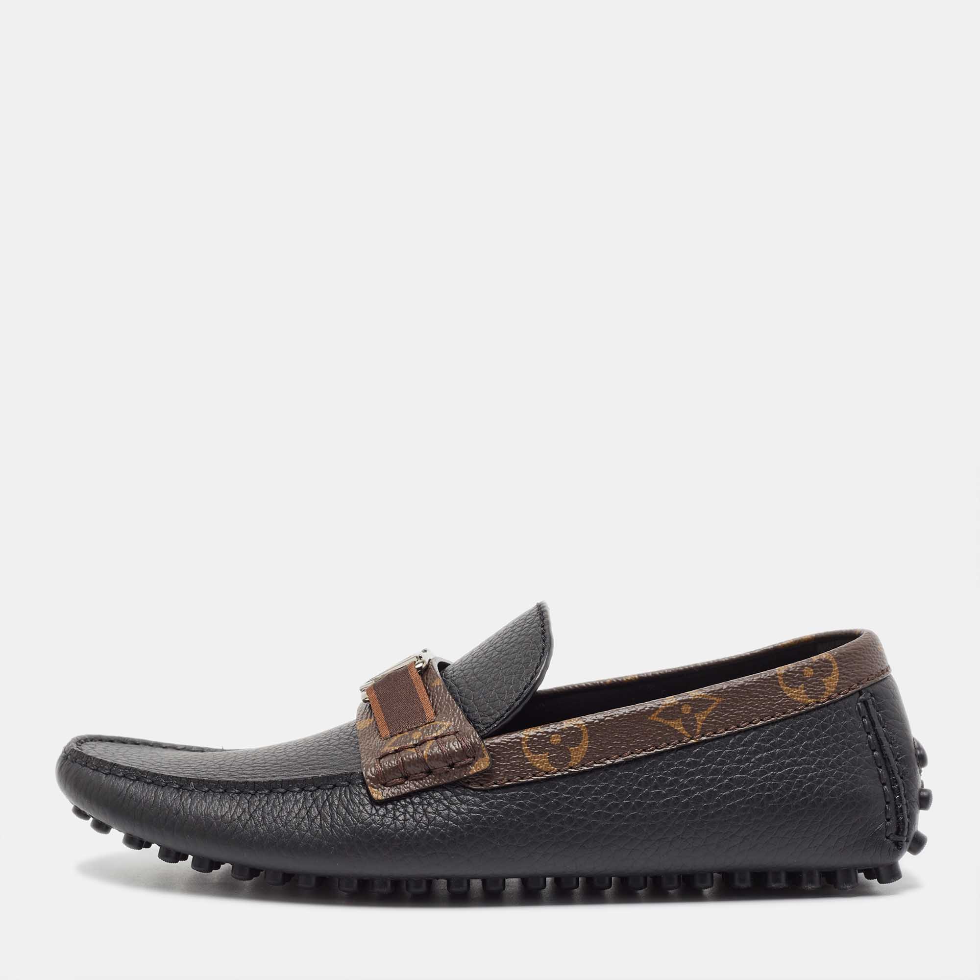 Louis Vuitton Black/Brown Monogram Canvas and Leather Slip On Loafers Size 40