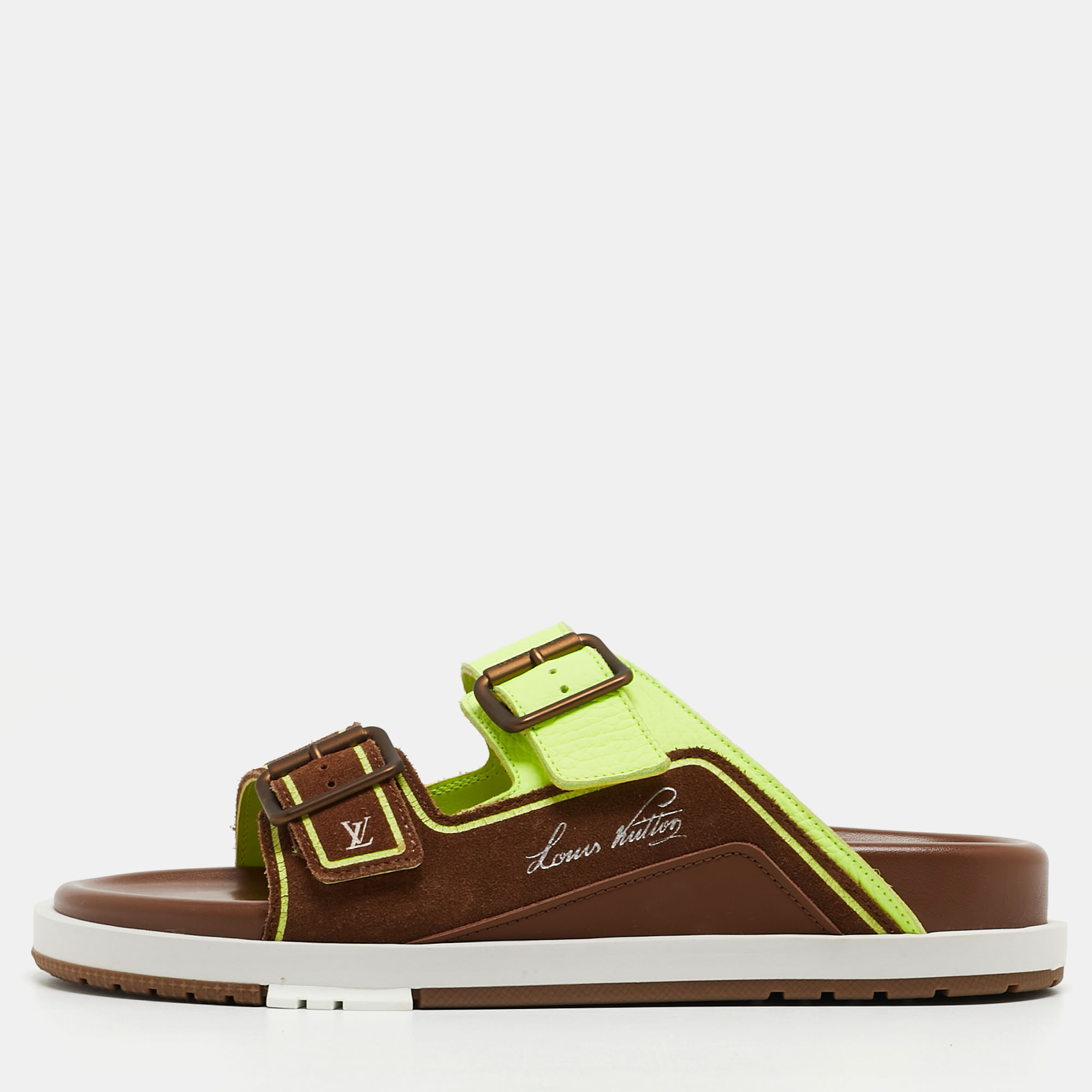 

Louis Vuitton Brown/Neon Green Suede and Leather LV Trainer Mules Size