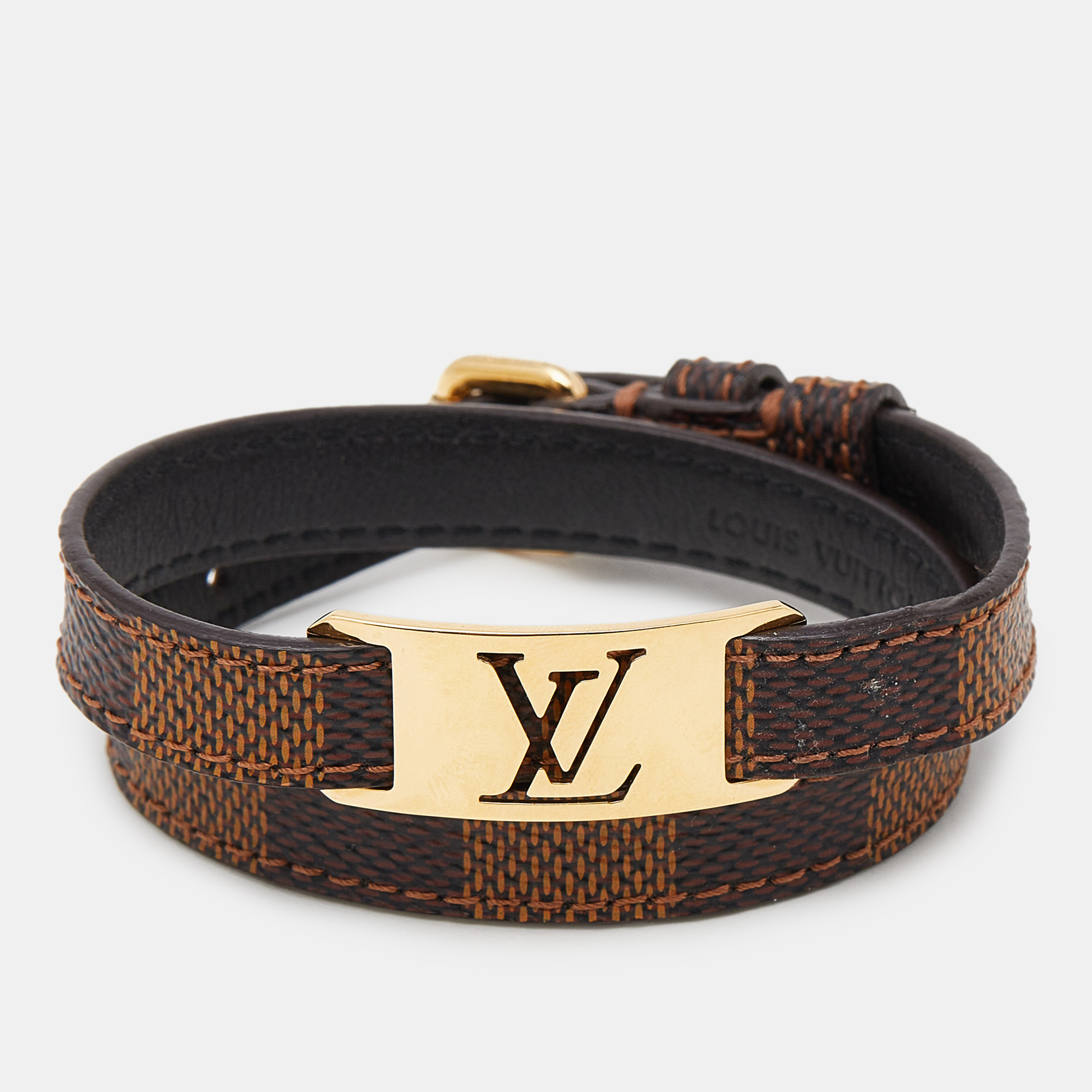 

Louis Vuitton Gold Tone Sign It Damier Ebene Leather Bracelet, Brown