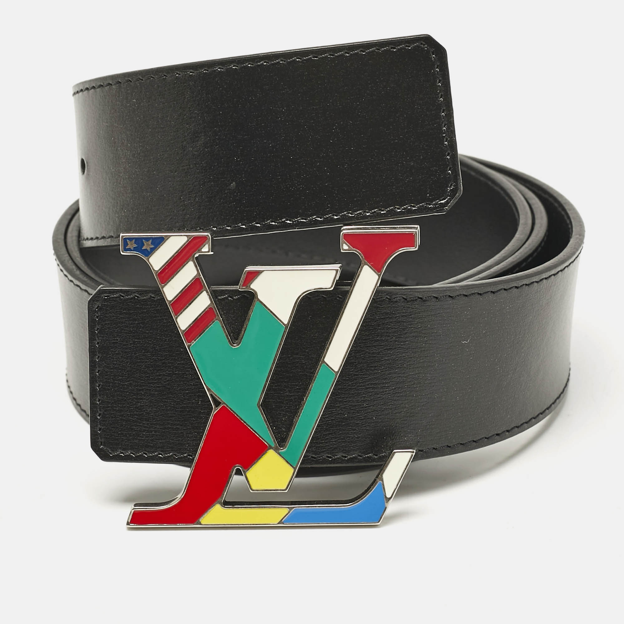 

Louis Vuitton Black Leather LV Initiales Flags Belt