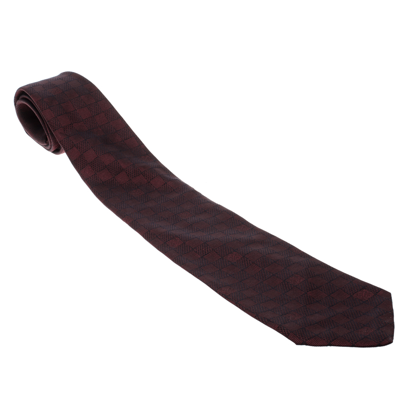 Pre Owned Louis Vuitton Maroon Damier Ebene Silk Jacquard Tie