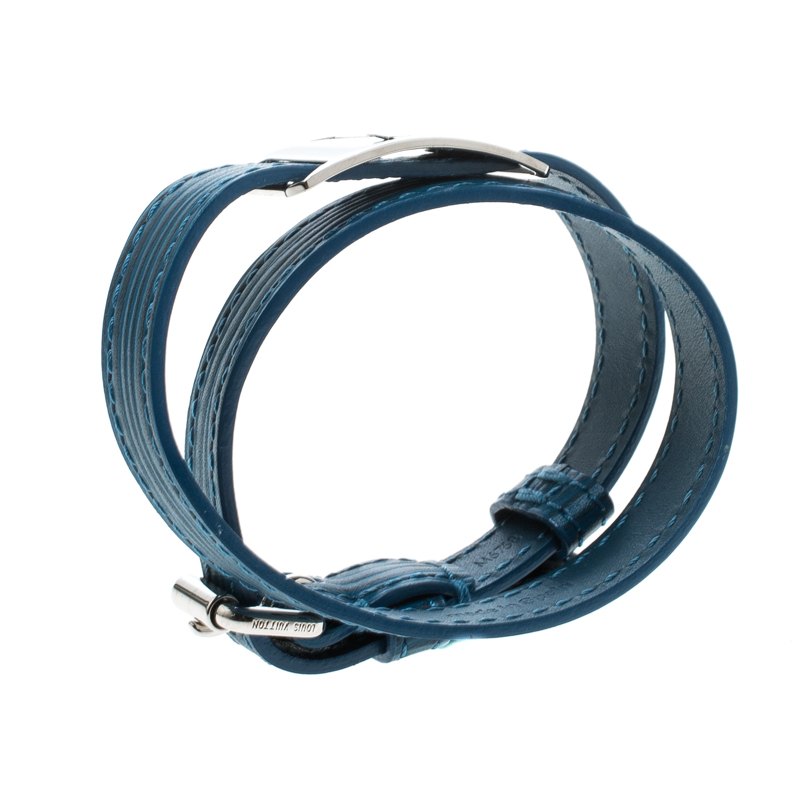 Louis Vuitton Blue Leather Silver Tone Wrap Bracelet 19