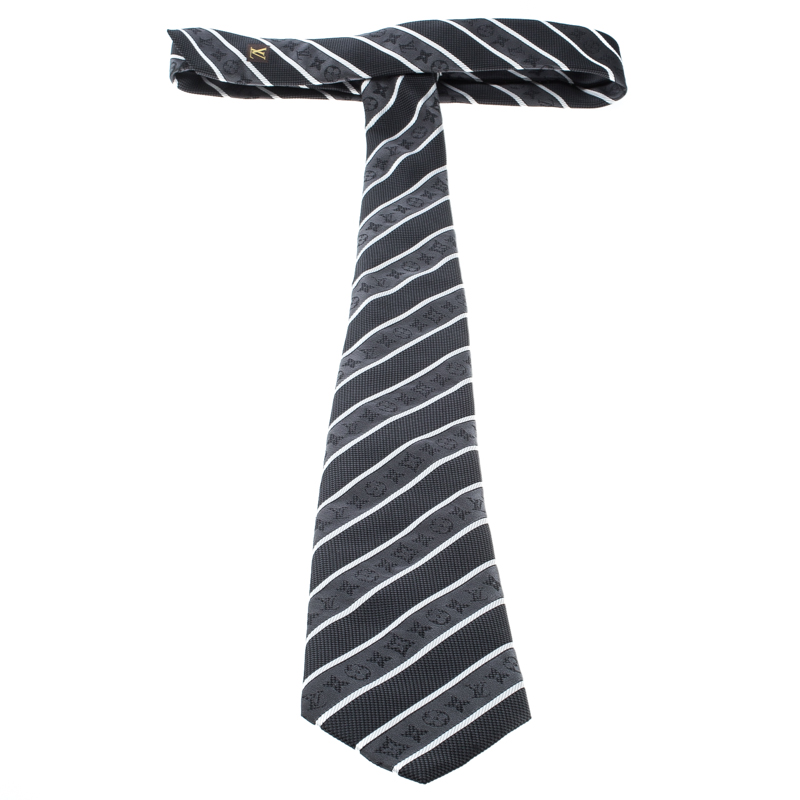 Louis Vuitton Grey and Black Striped Damier Monogram Silk Jacquard Tie