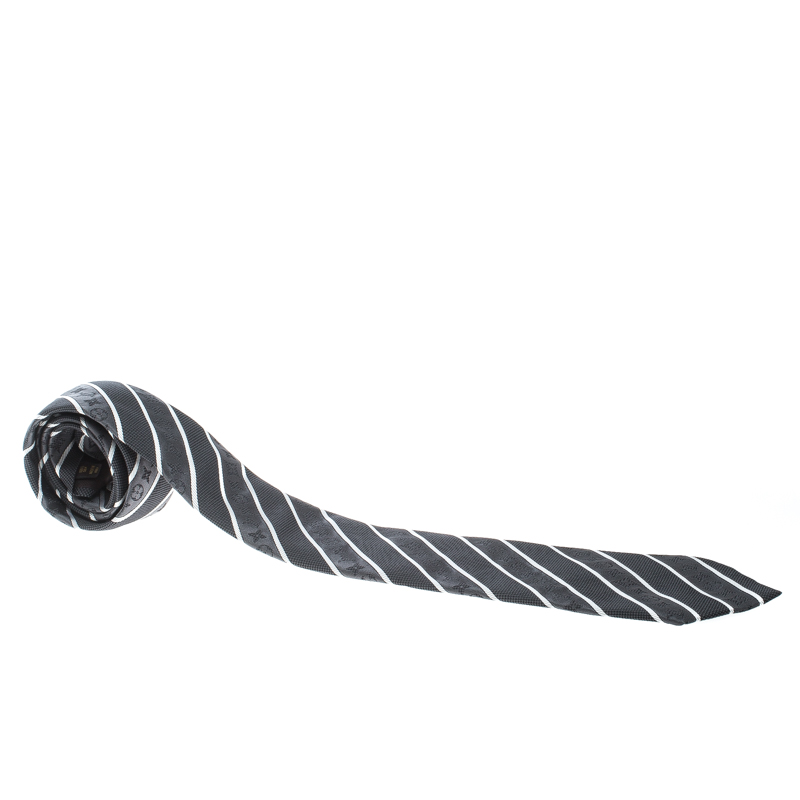Pre Owned Louis Vuitton Grey and Black Striped Damier Monogram Silk Jacquard Tie