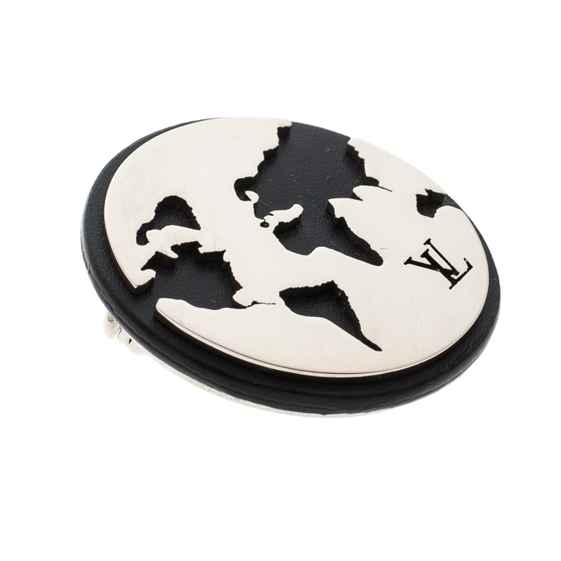 

Louis Vuitton Cut Out World Map Leather Silver Tone Pin Brooch, Grey
