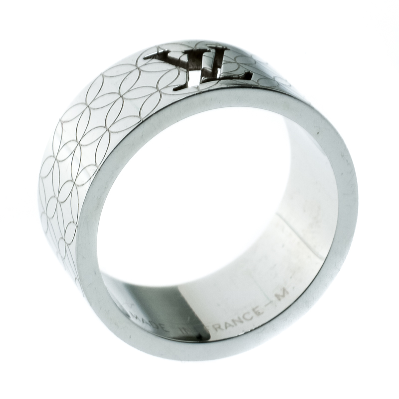 Louis Vuitton Champs-Elysées Logo Cut-out Textured Silver Tone Band Ring  Size 60