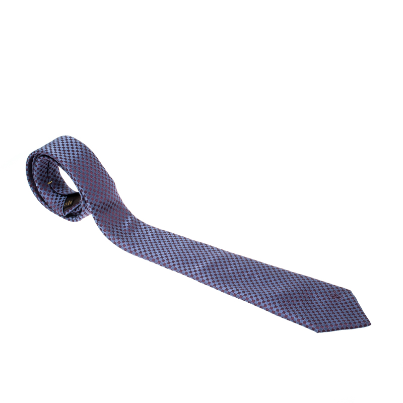 Louis Vuitton Navy Blue Petit Damier Pattern Jacquard Silk Classic Tie