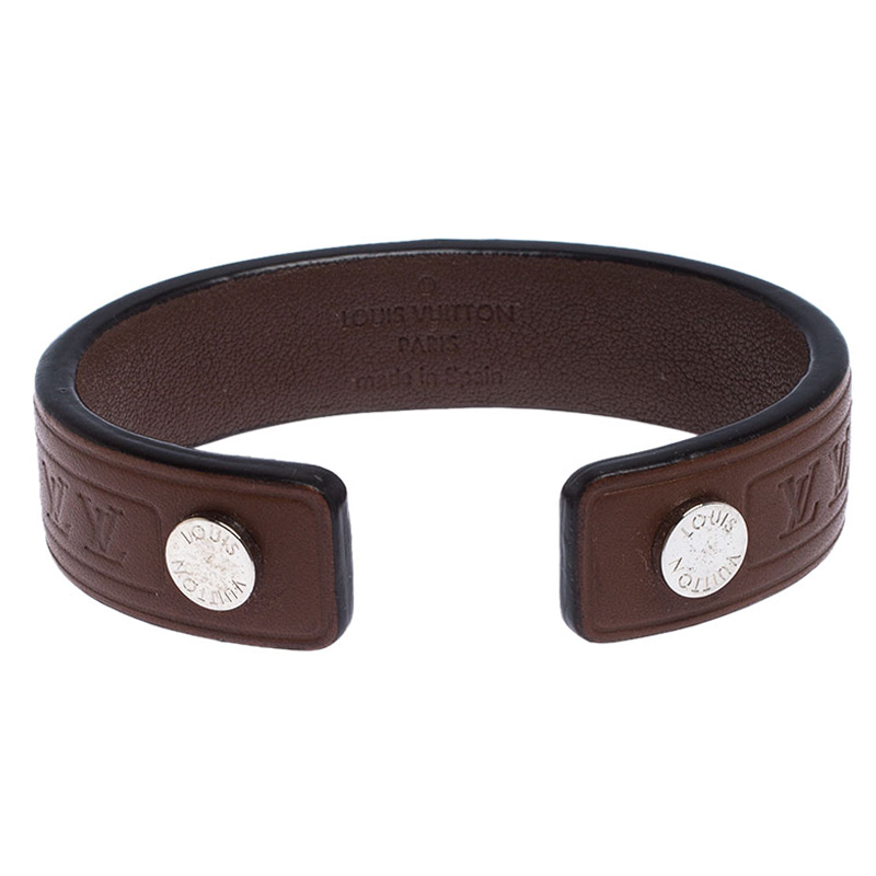 Pre Owned Louis Vuitton Brown Leather Open Cuff Bracelet 19