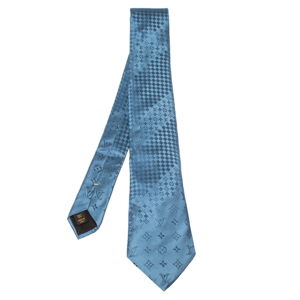 مملوكة مسبقًا Louis Vuitton Teal Blue Monogram and Check Jacquard Silk Tie