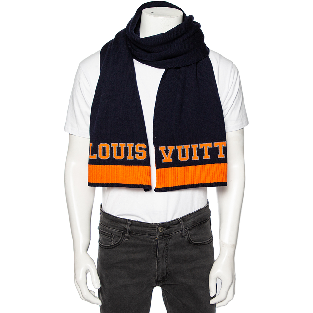 

Louis Vuitton Navy Blue & Orange Logo Wool Louis Scarf