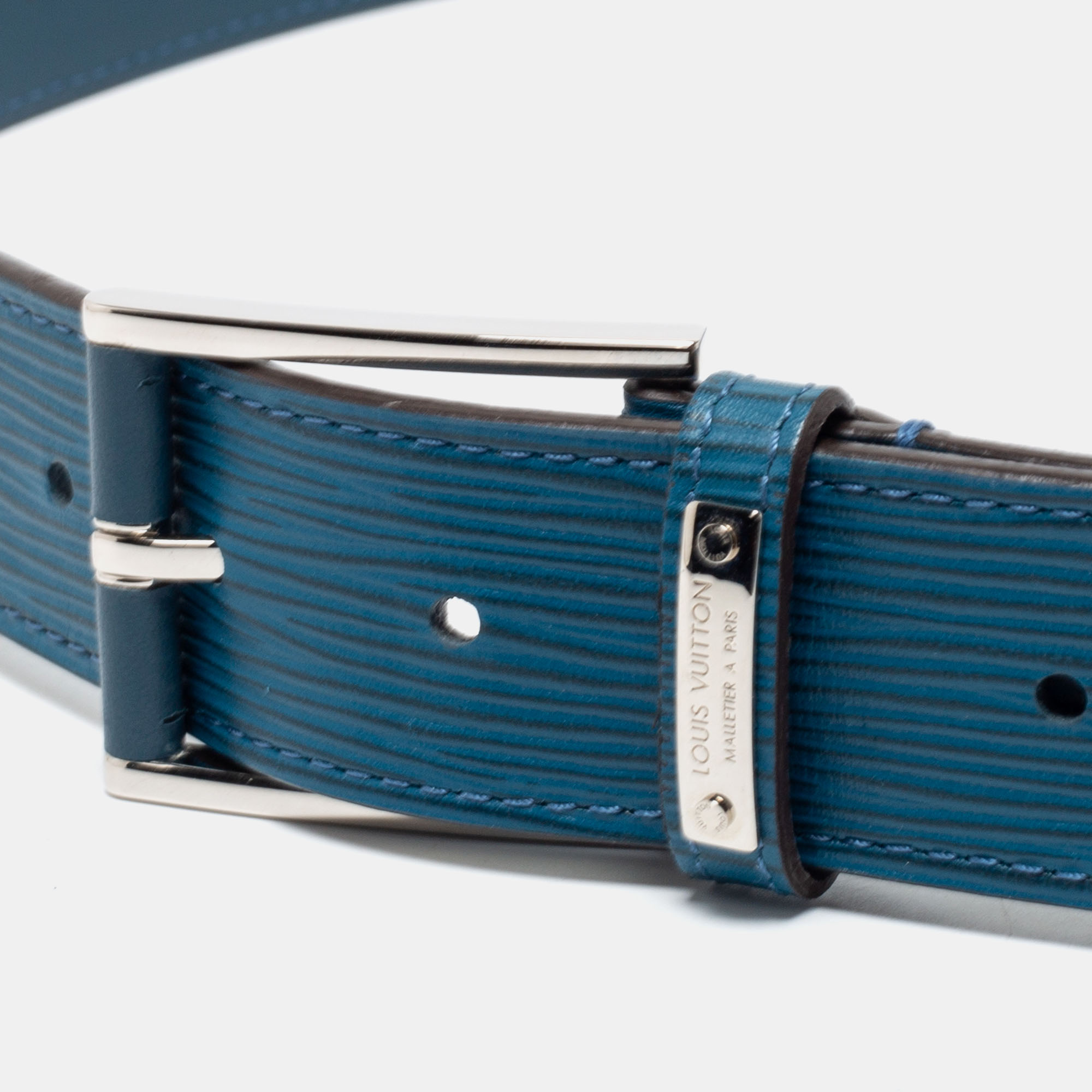 

Louis Vuitton Cyan Epi Leather Legend Buckle Belt, Blue