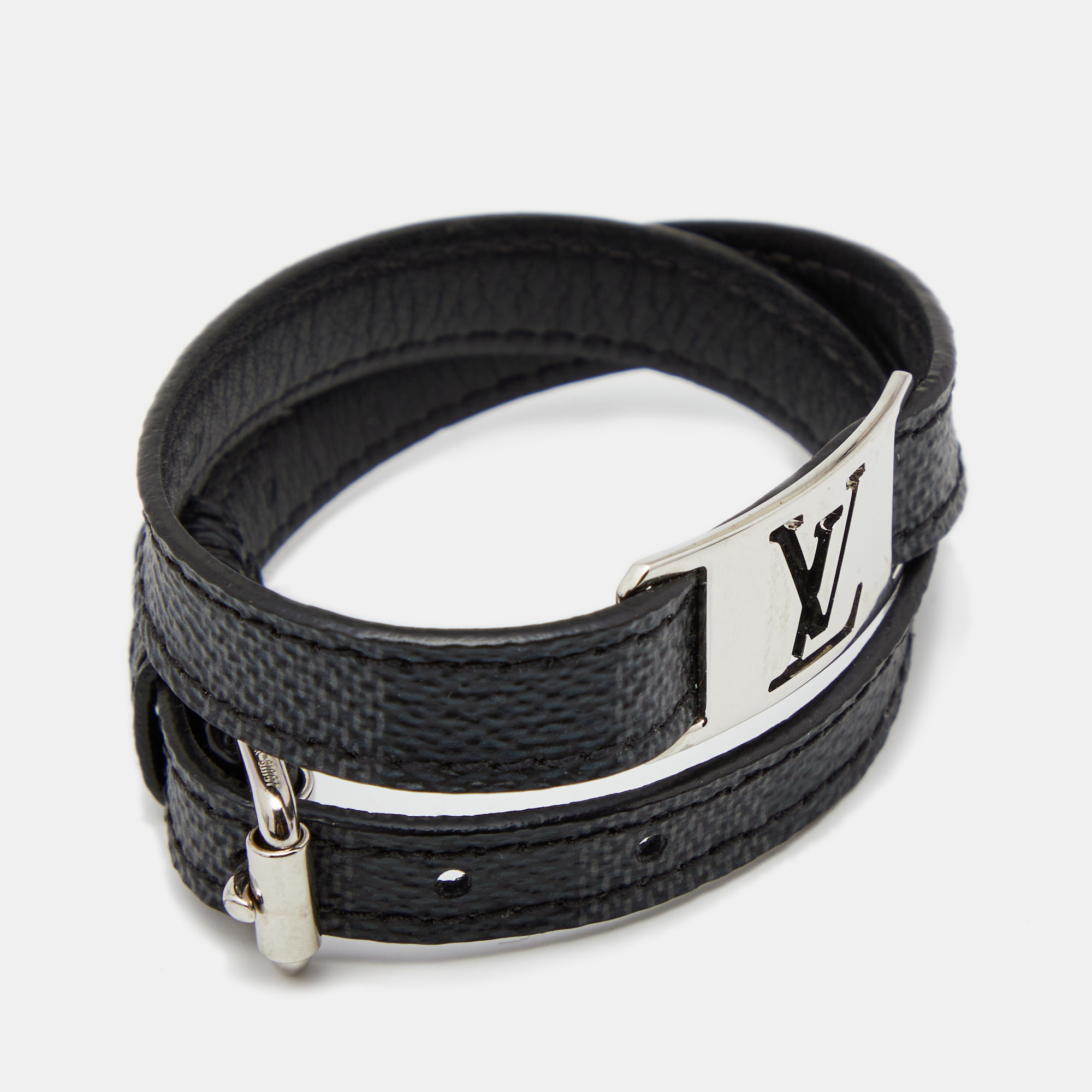 

Louis Vuitton Damier Graphite Silver Tone Sign It Wrap Bracelet, Black