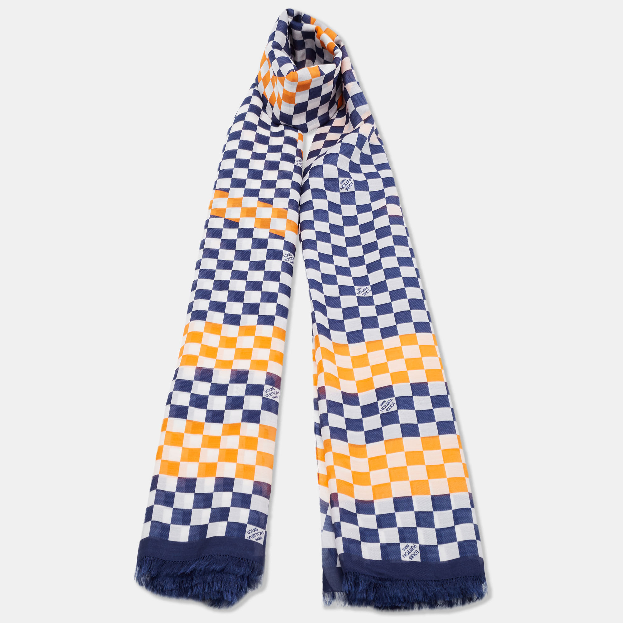 

Louis Vuitton Blue & Orange Logo Printed Cotton & Silk Scarf