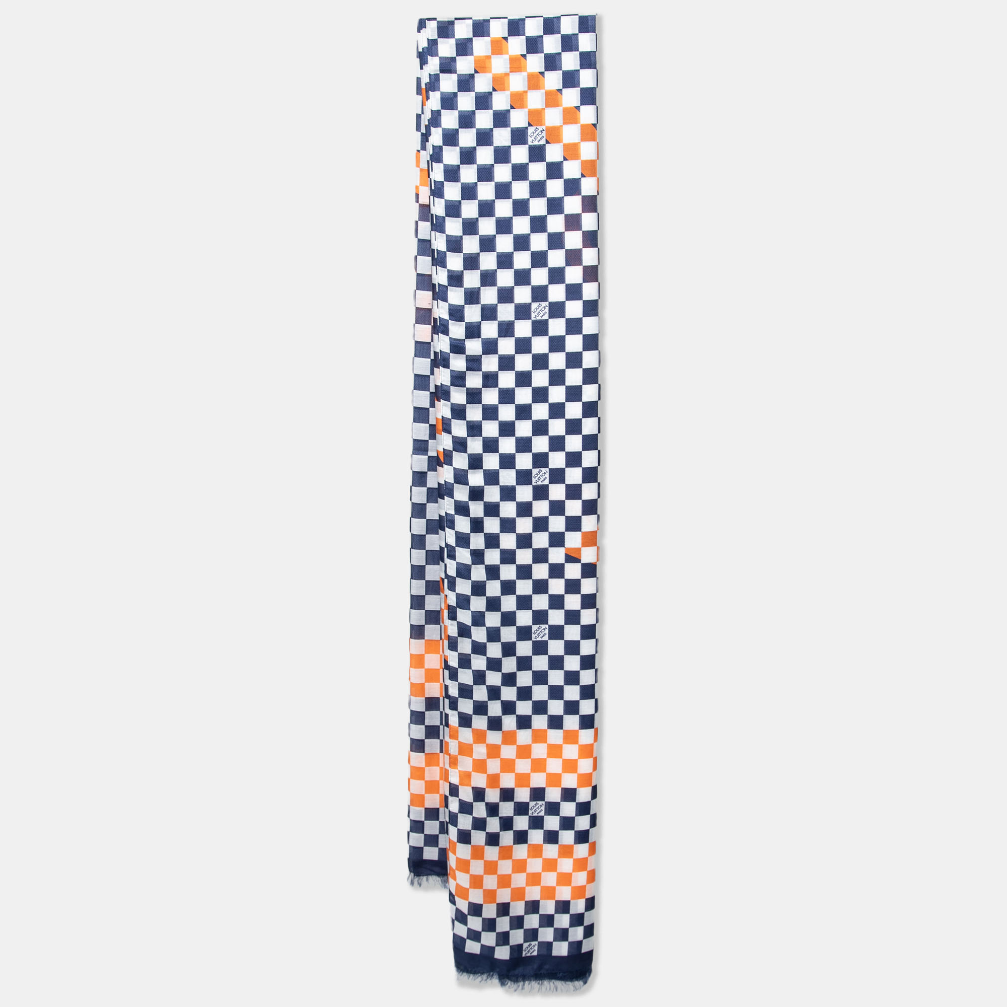 Pre-owned Louis Vuitton Blue & Orange Logo Printed Cotton & Silk Scarf