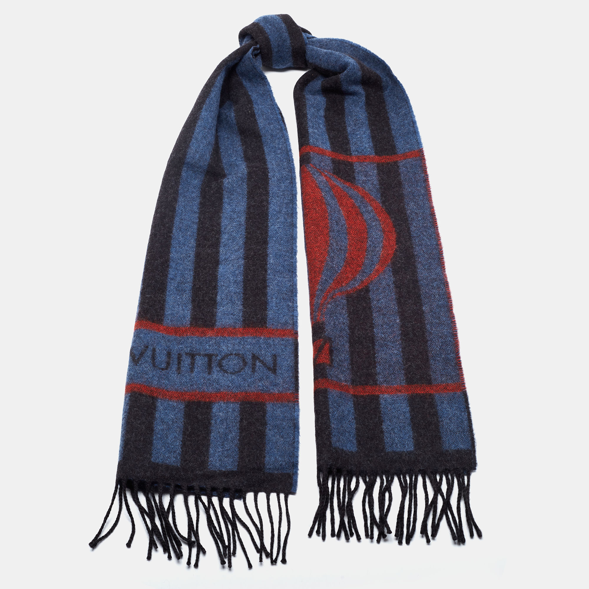 

Louis Vuitton Blue & Red Striped Logo Intarsia Knit Wool Muffler