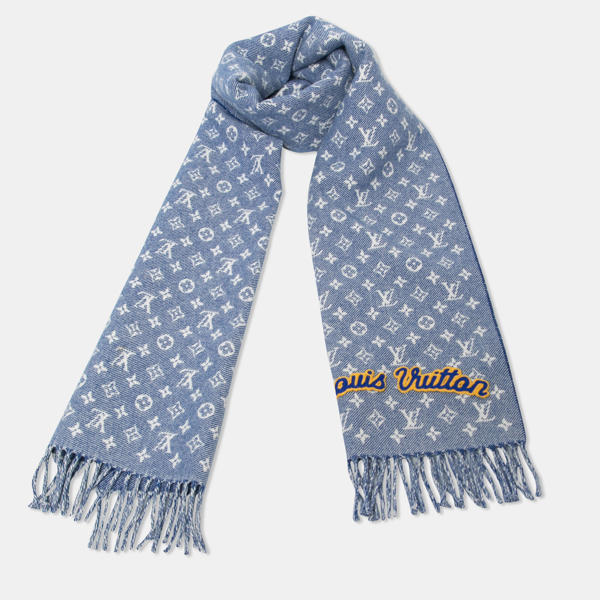 

Louis Vuitton Blue Wool Cashmere Monogram Denimbellished City Scarf