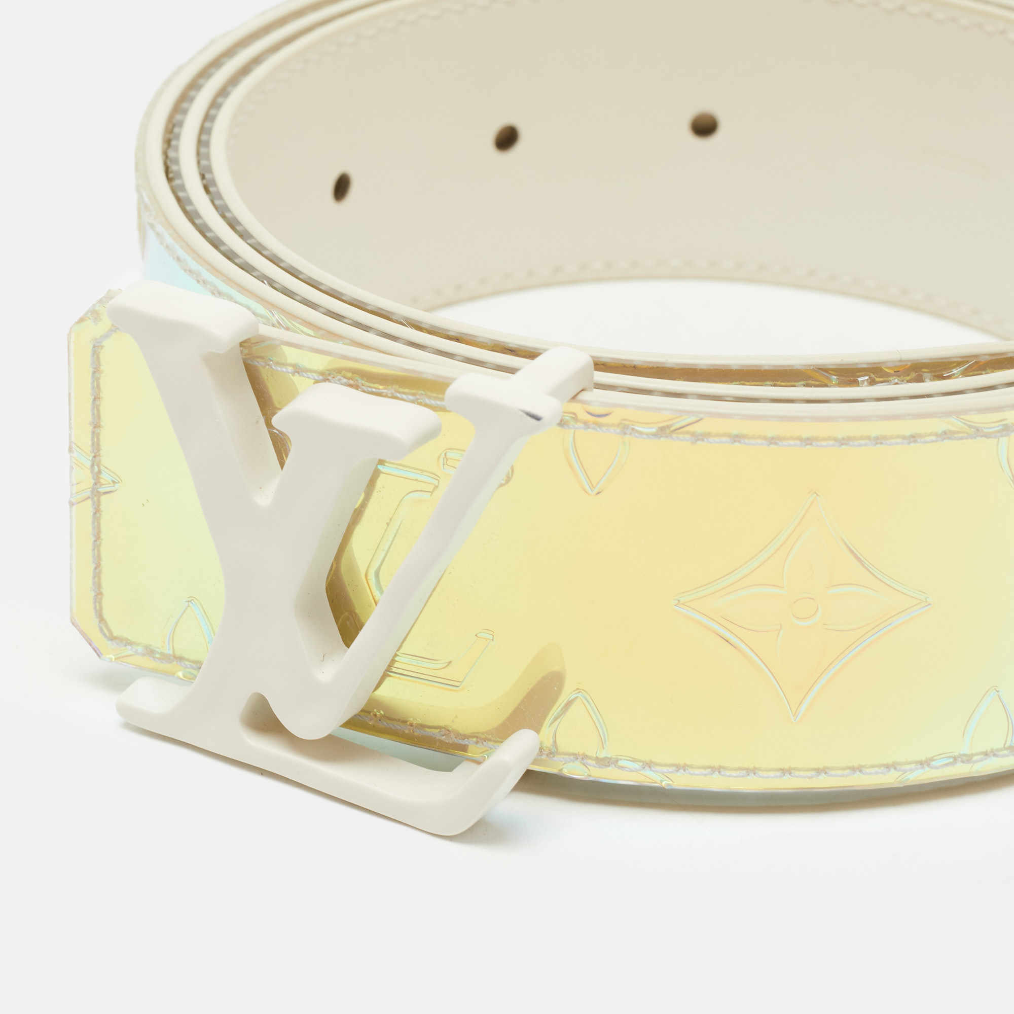 

Louis Vuitton White Monogram Prism LV Initiales Buckle Belt