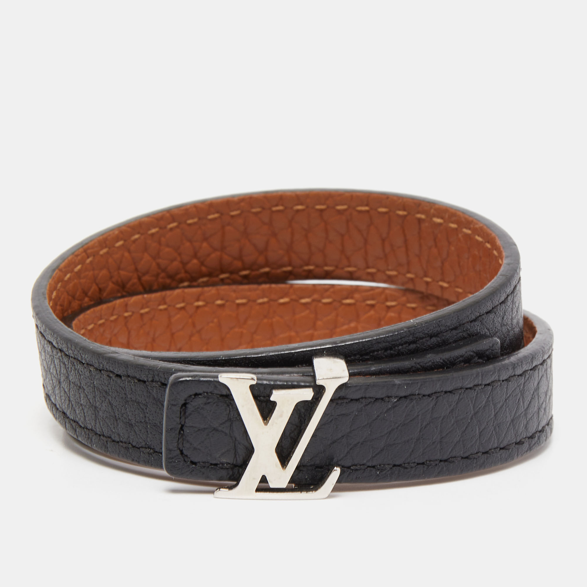 Pre-owned Louis Vuitton Black/brown Leather Lv Initiales Reversible Double  Wrap Bracelet