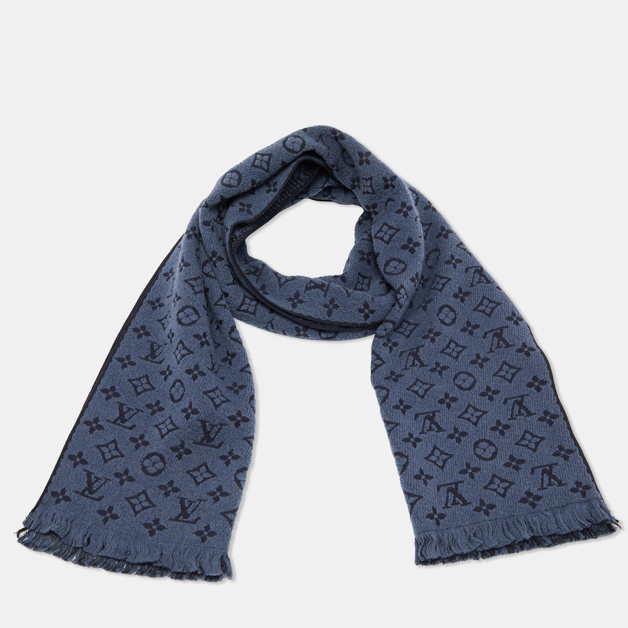 

Louis Vuitton Navy Blue & Grey Logo Monogram Wool Scarf