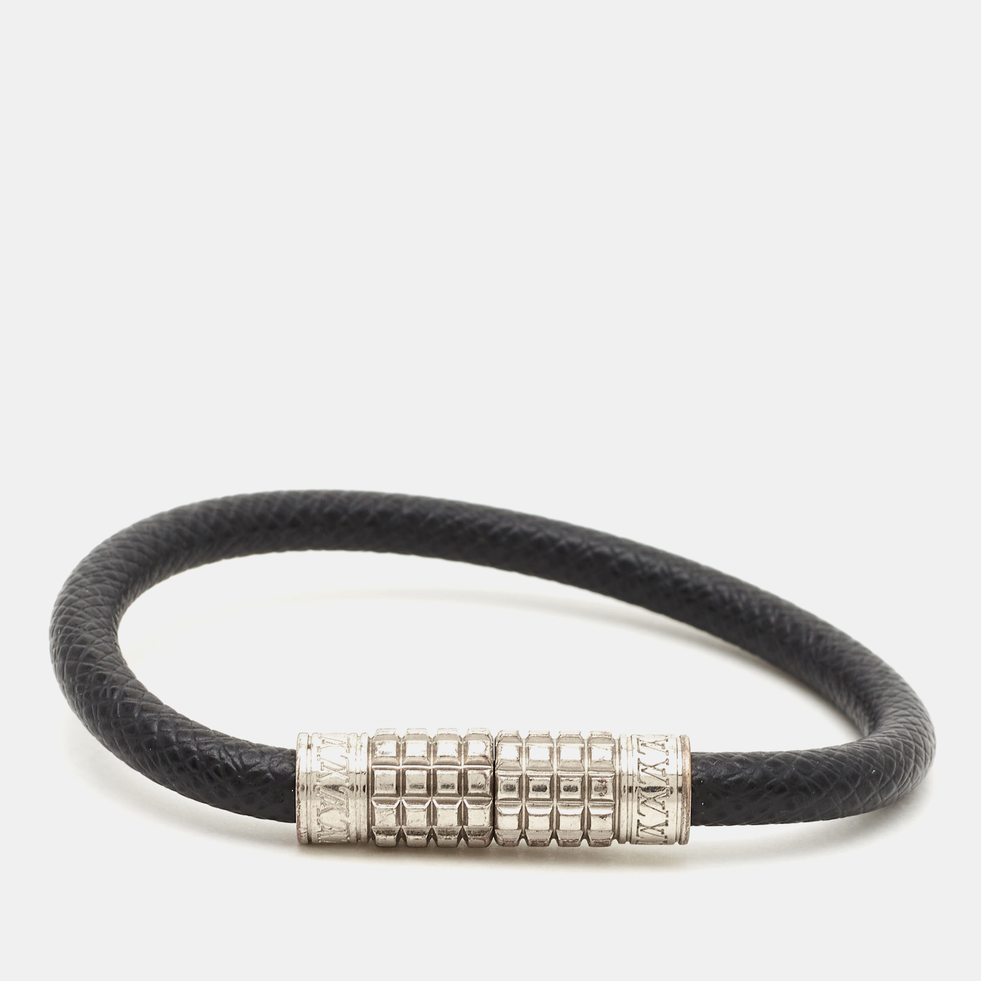 Pre-owned Louis Vuitton Digit Damier Ardoise Taiga Leather Silver Tone  Bracelet