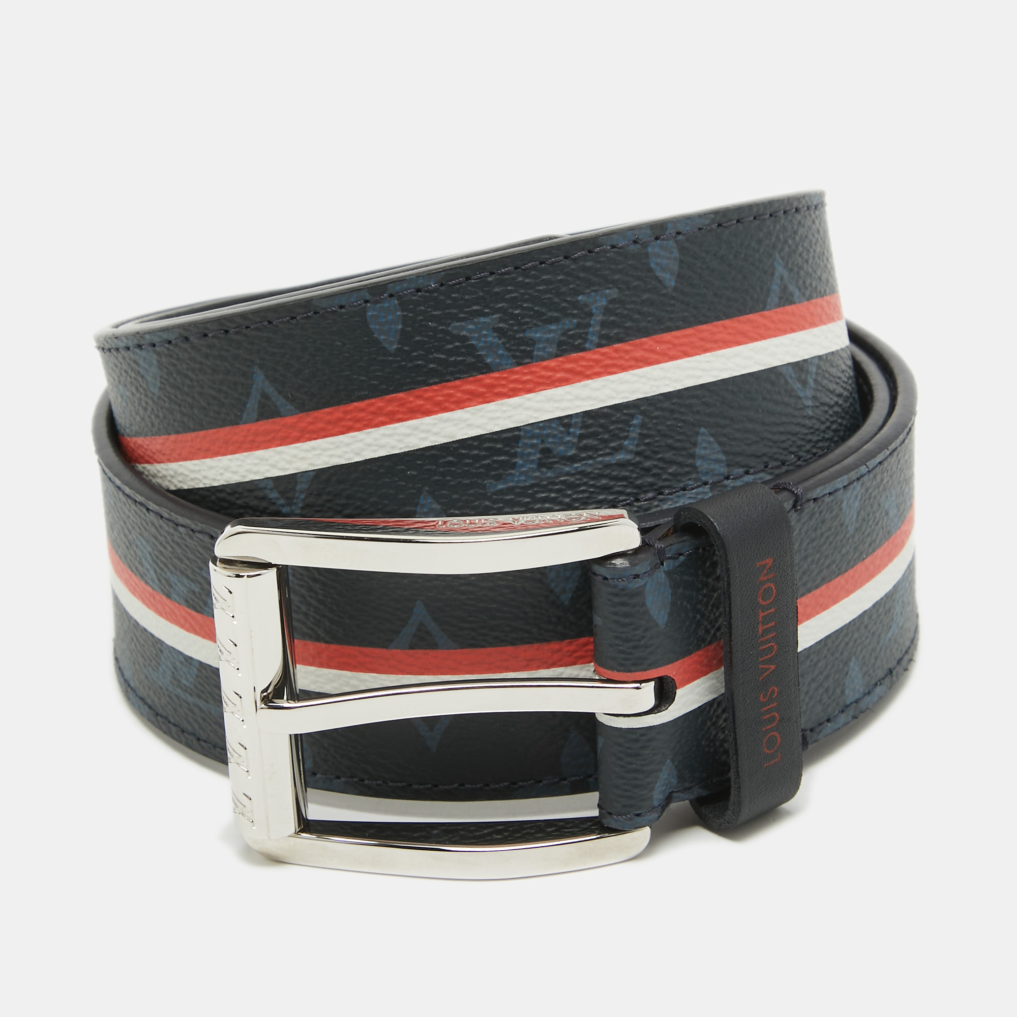 

Louis Vuitton Navy Blue Monogram Canvas and Leather Reverso Striped Belt