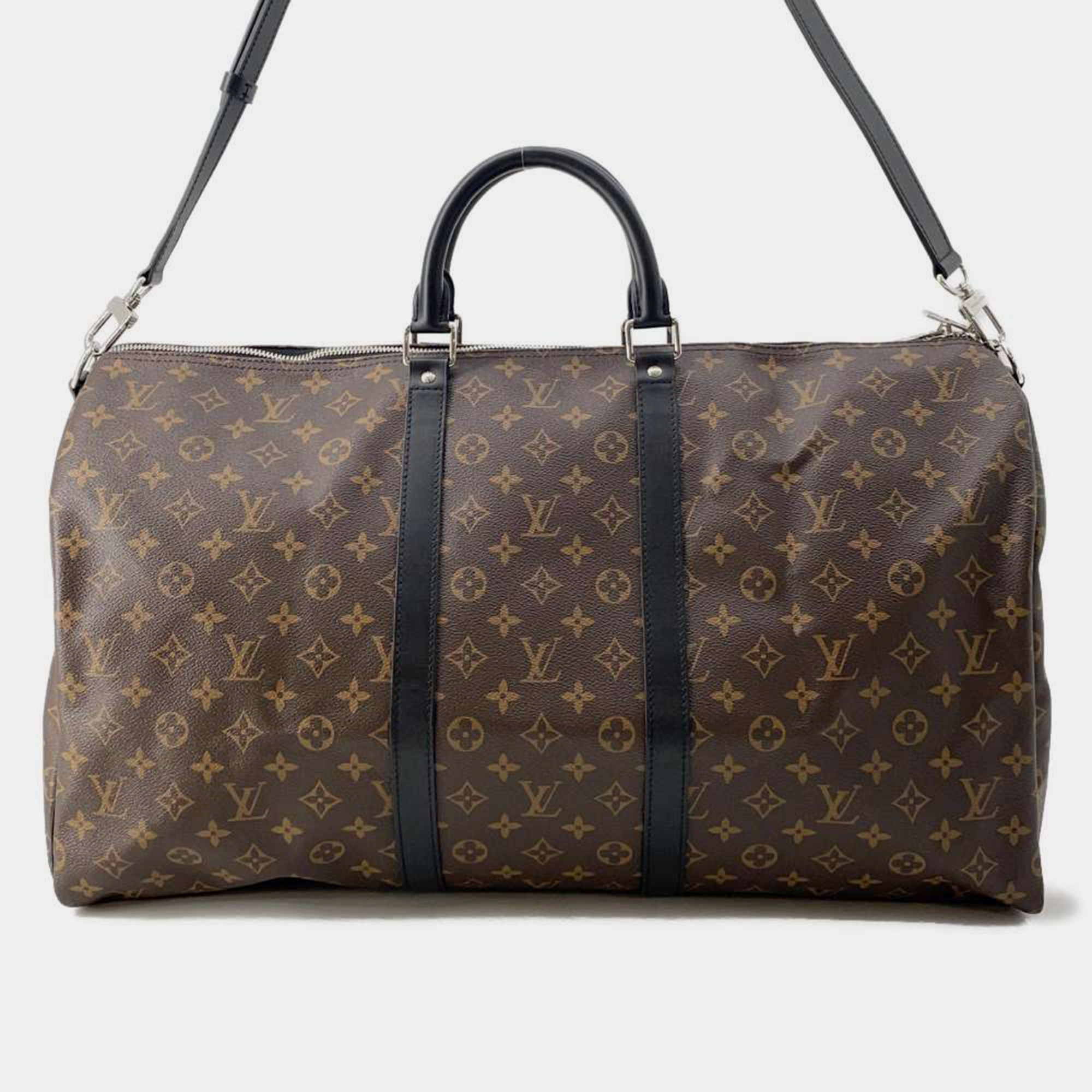 Pre-owned Louis Vuitton Bordeaux/black Monogram Macassar Canvas Keepall Bandouliere Bag 55 In Brown