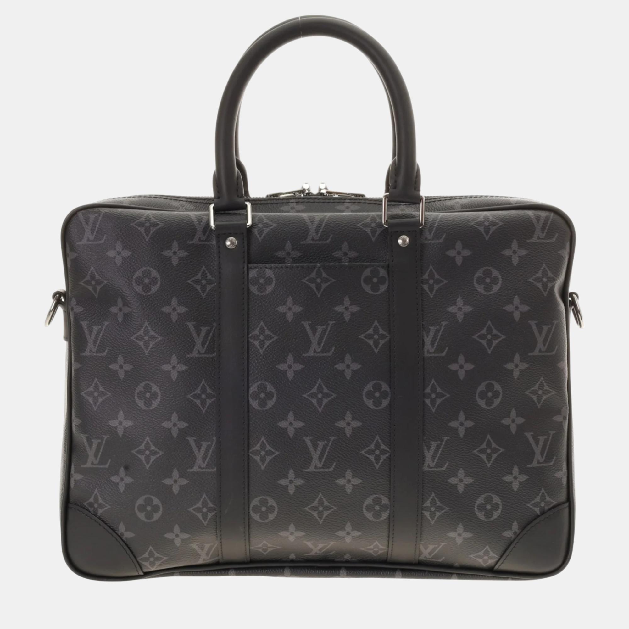 Pre-owned Louis Vuitton Black/grey Leather Monogram Eclipse Porte-docut Voyage Bag