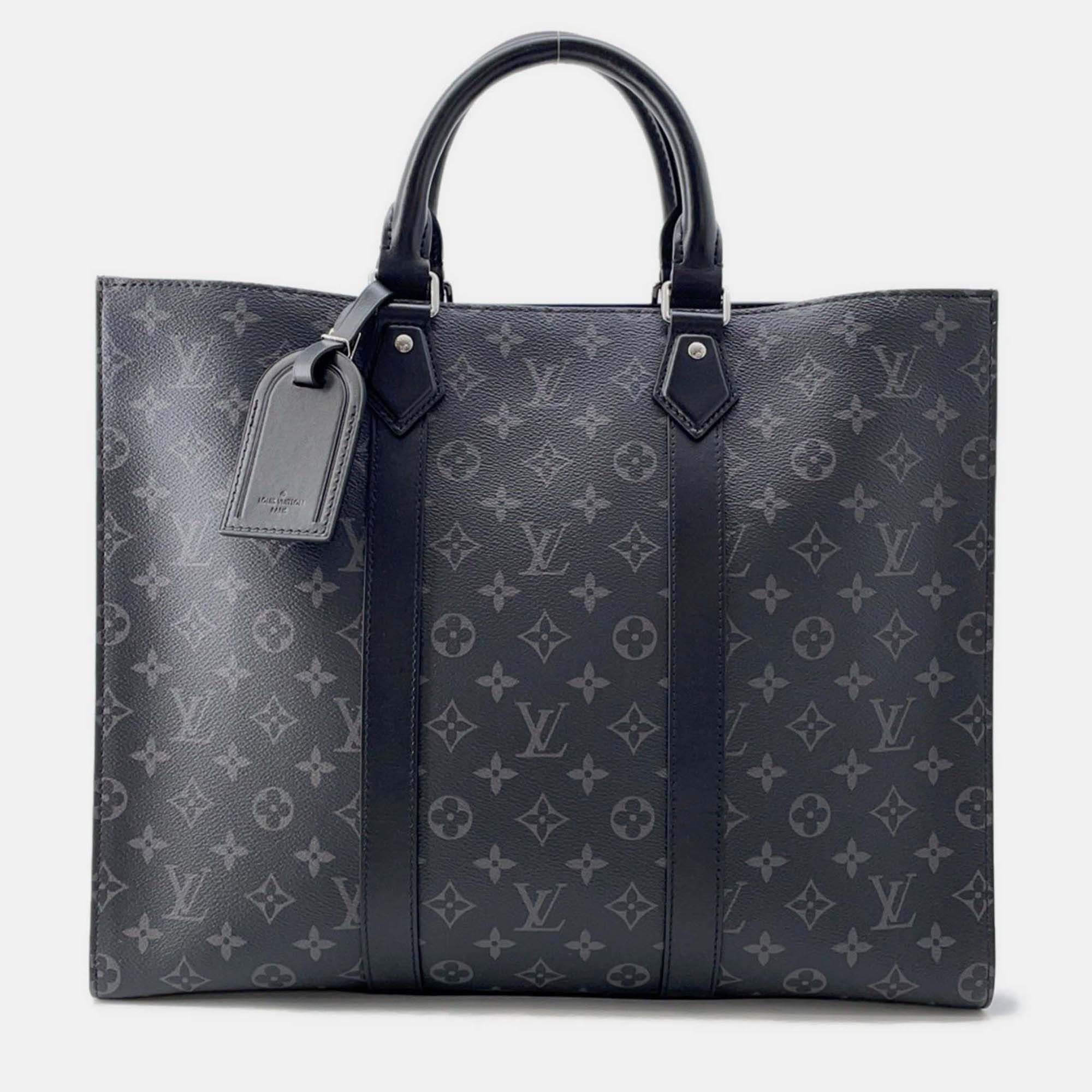 Pre-owned Louis Vuitton Black Monogram Eclipse Sac Plat 24h Tote In Blue