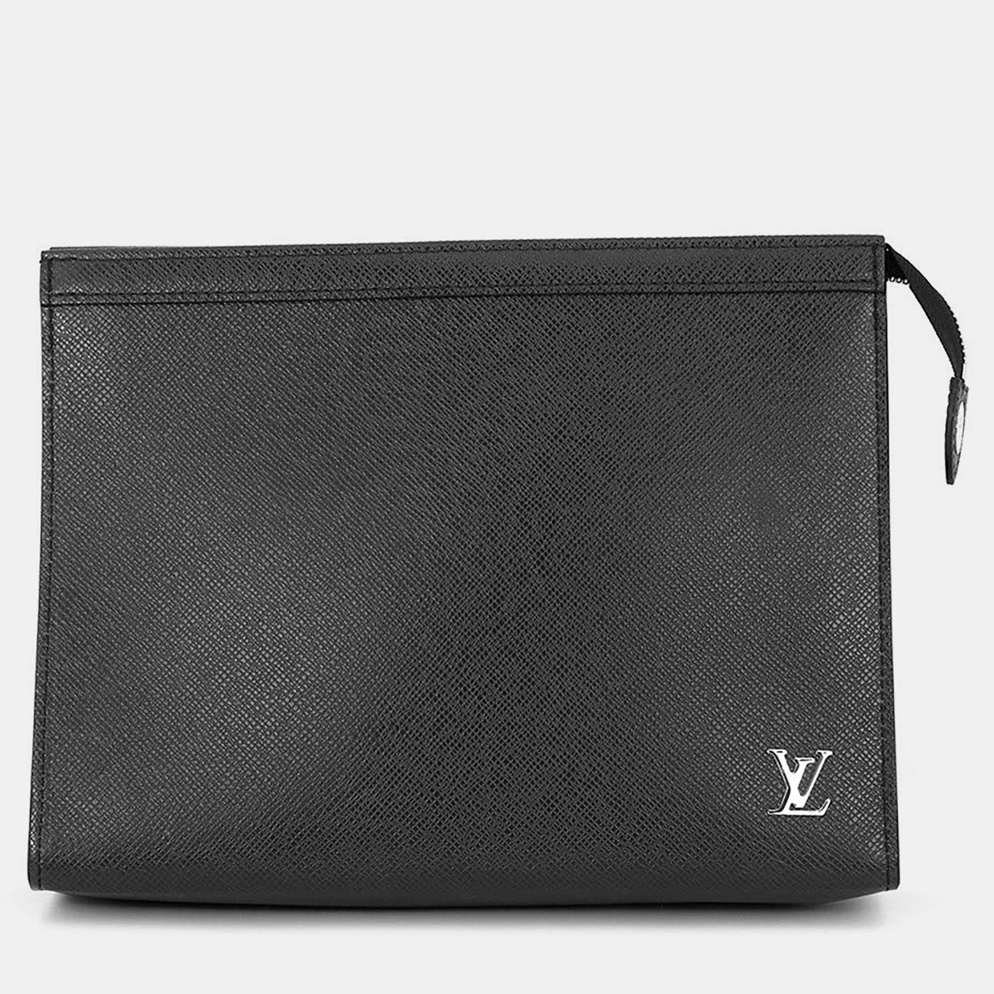 

Louis Vuitton Pochette Voyage MM Noir Black Taiga Cowhide Leather Clutch Bag