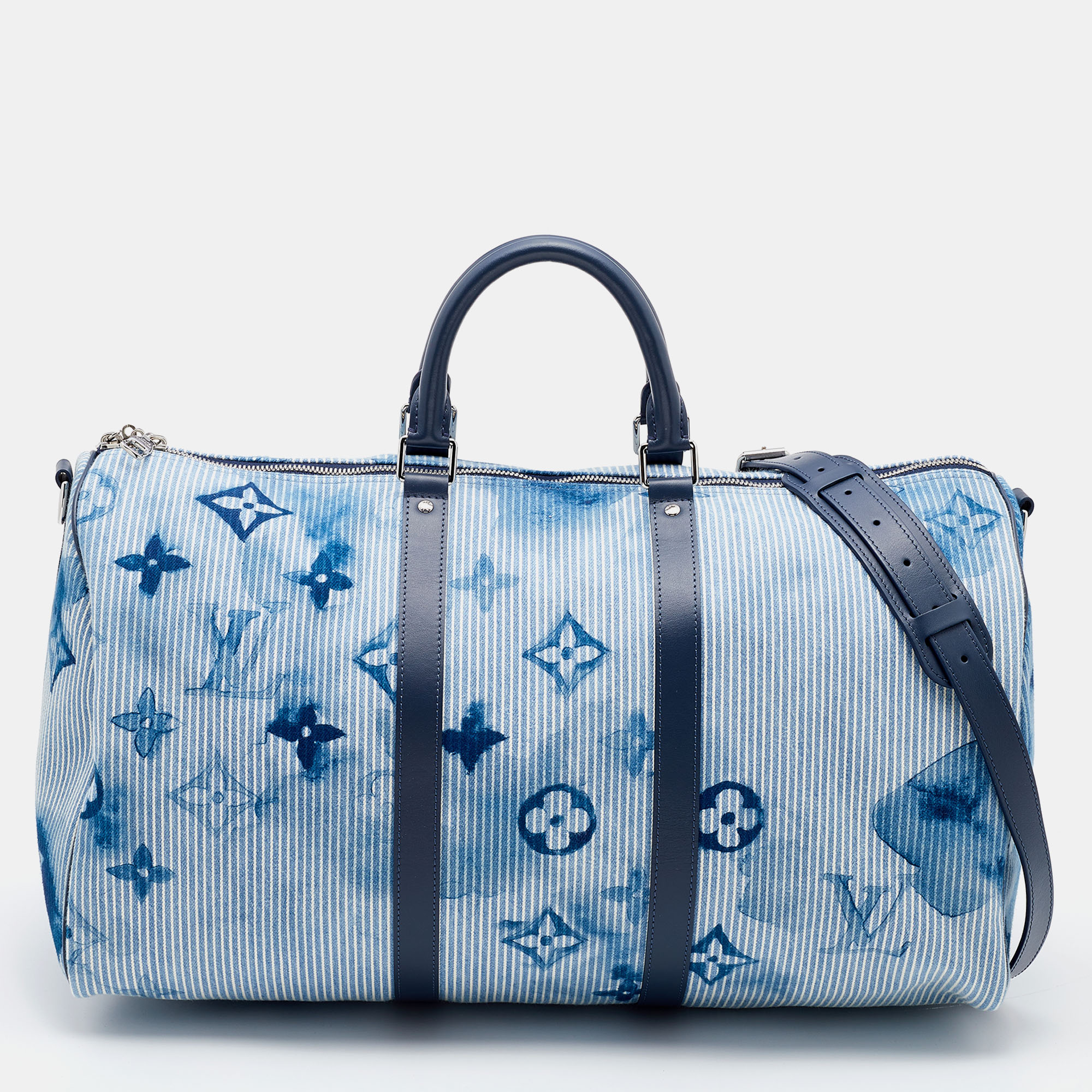 Pre-owned Louis Vuitton Watercolor Monogram Denim Hickory Stripe Keepall 50  Bandoulier Bag In Blue