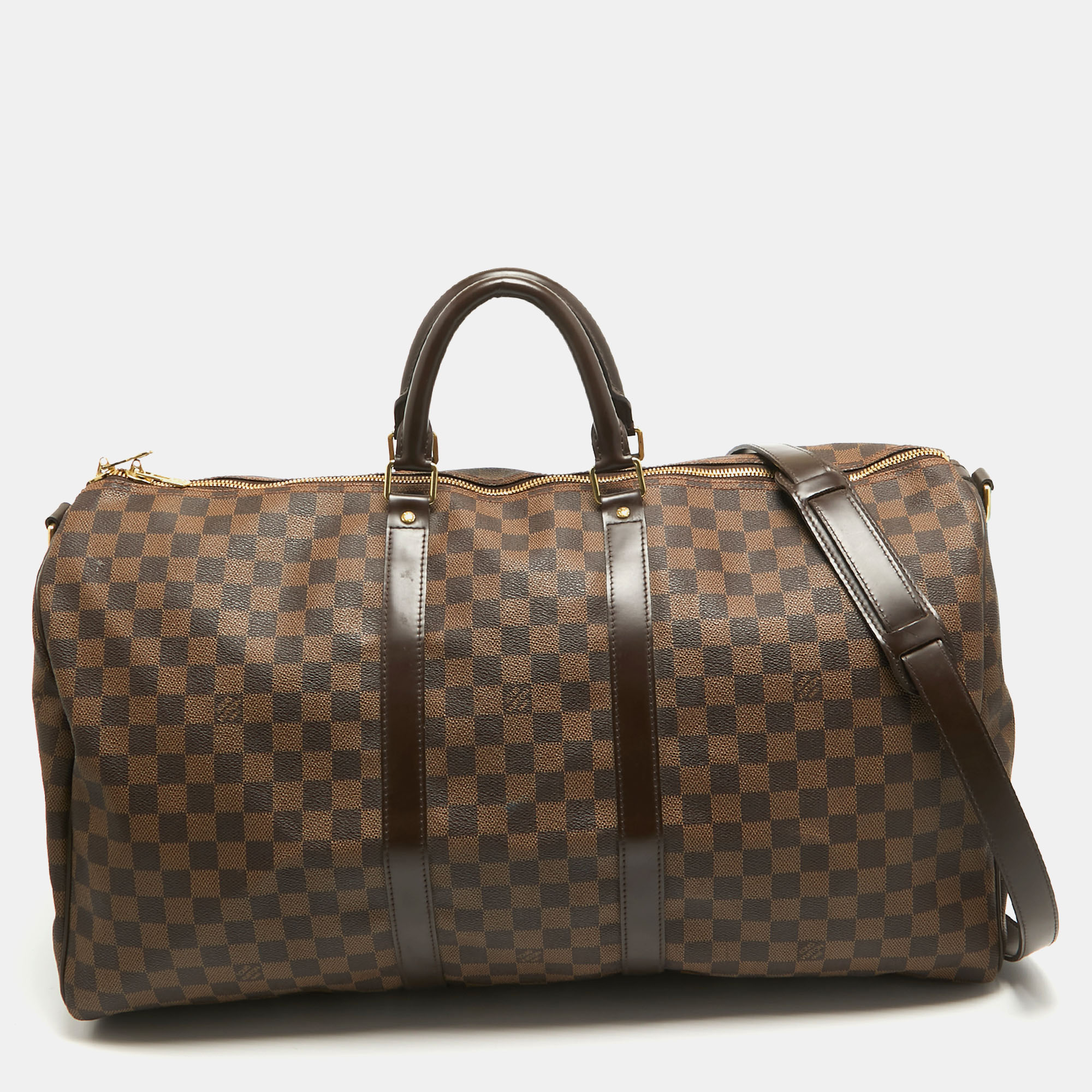 Pre-owned Louis Vuitton Damier Ebene Canvas Keepall Bandouliere 55 Bag In Brown