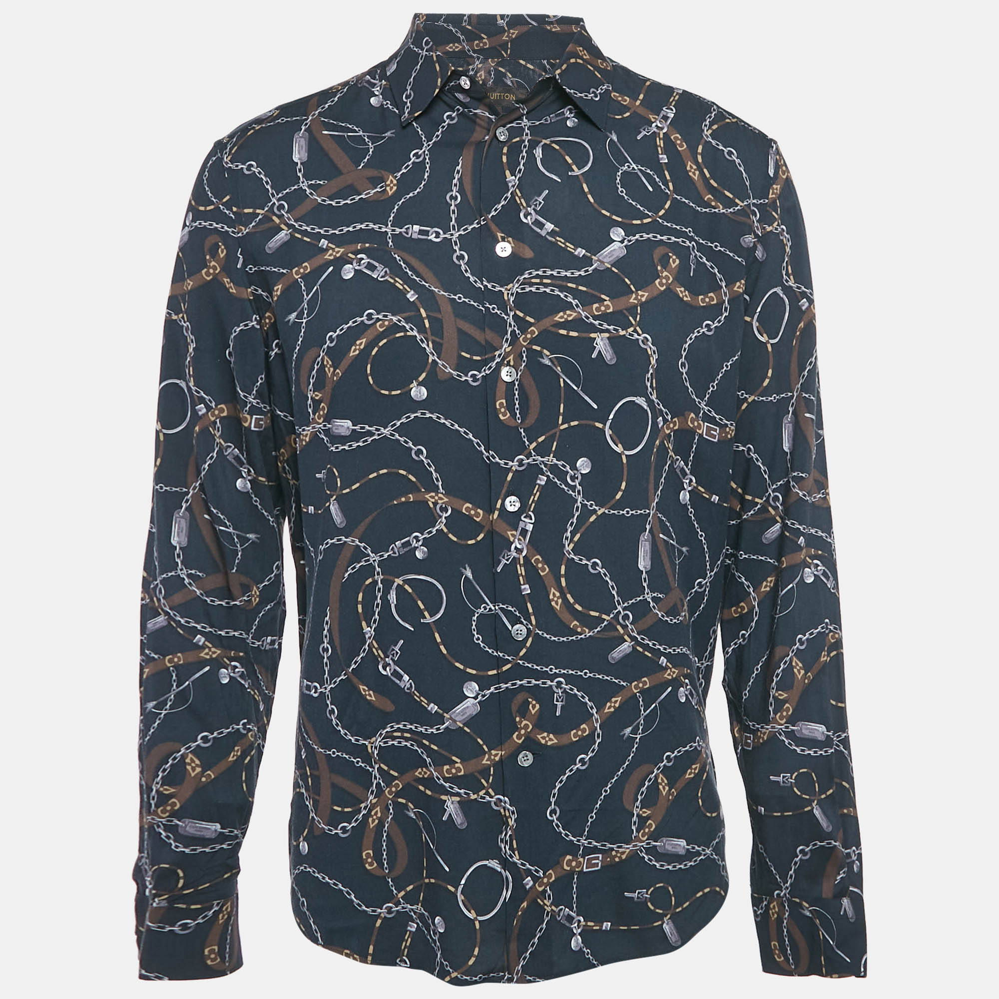 

Louis Vuitton Navy Blue Twisted Chain Print Crepe Long Sleeve Shirt M